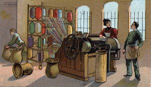 Wollindustrie, Kämmen. Chromolithografie des späten 19. Jahrhunderts von Unknown artist