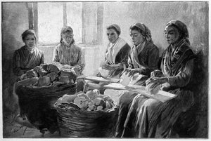 Arbeiter beim Entasten von Bimsstein. Lipari, Sizilien, Gravur des 19. Jahrhunderts