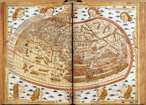 Weltkarte von Claudius Ptolemäus. Die menschlichen Köpfe, die Luft blasen, stellen die verschiedenen Winde dar (deren Namen angegeben sind). In „Lateinische Geographie. Beatissimo Patri Paulo Secundo Pontifici Maximo. Donis Nicolaus“. Geographisches Manusk