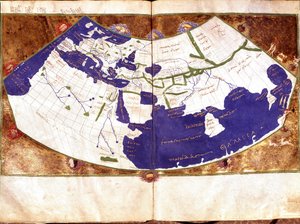 Weltkarte von Claudius Ptolemäus (Claude Ptolemée, 90-168 n. Chr.), griechischer Astronom und Astrologe - Darstellung der flachen Erde ohne Nord- und Südpol und ohne amerikanische Kontinente - 15. Jahrhundert Manuskript - Venedig, Biblioteca Marciana