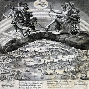 Sternzeichen Krebs. Mond, Darstellung des Tanks von Semelee. Gravur des 19. Jahrhunderts