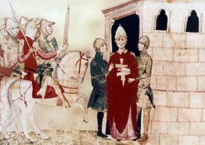 Papst Bonifatius VIII. (1294-1303) hier Gefangener in Anagni im Jahr 1303, Illustration aus einem Manuskript des 14. Jahrhunderts