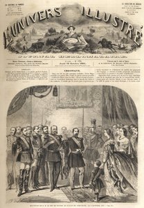 Der Besuch von Wilhelm, dem König von Preußen, bei Napoleon III., dem Kaiser der Franzosen, in Compiègne, Frankreich 1861 - Besuch von Wilhelm I. von Preußen (1797-1888) in Compiègne in Anwesenheit von Napoleon III. - Gravur aus „Das illustre Universum“