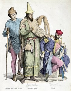 Kostüme des 11. Jahrhunderts: Der Mann mit dem Stock, der reiche Jude und der Ritter. Gravur des 19. Jahrhunderts von Unknown artist