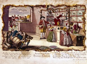 Gravur des 18. Jahrhunderts, die eine Parfümerie darstellt