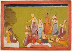 Eine Gruppe von Frauen in Ekstase vor Madhava, aus einer Madhavanala Kamakandala