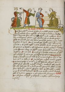 Ein Mann steht vor einer gekrönten Frau auf dem Thron und zwei Frauen im Gespräch von Unknown artist