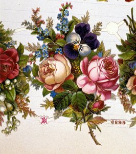 Ein gemischter Blumenstrauß mit Rosen, Veilchen. Chromolithographie aus dem 19. Jahrhundert. von Unknown artist