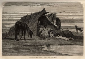 Ein Lager von nomadischen Zigeunern in den Ebenen Nordbosniens. Gravur zur Illustration der Reiseerinnerungen unter den südlichen Slawen, von Georges Perrot, 1868, veröffentlicht in "Le tour du monde" 1870-1871, herausgegeben von Edouard Charton, Hachette,