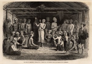 Ein Konzert von Sängern, ein Muong Lim (Laos), lebhafte Musik und Rhythmus gesungen von einem Solisten und im Chor wiederholt, alle tragen die traditionelle Frisur der Mou Tsu, die lange Haare und Zöpfe unter ihrem Turban tragen. Gravur zur Illustration ei von Unknown artist