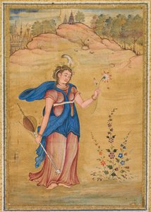 Eine weibliche Figur steht in einer Landschaft und hält eine vierseitige „khuuchir“ und eine Lotusblume