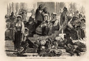 Eine Gruppe von Bauern und Hirten versammelt sich zur Feier der Karwoche auf den Stufen von St. Peter im Vatikan. Gravur zur Illustration der Geschichte der Karwoche in Rom, im Jahr 1863, von Ludovic Celler, in „Le tour du monde, nouveau journal des voyage von Unknown artist