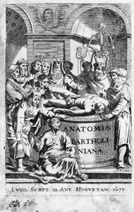 Eine Anatomielektion. Frontispiz aus „Anatomia Reformata“ von Thomas Bartholin (1616-80) (Bartholinus) 1677