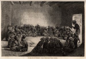 Eine Mahlzeit bei den Turkmenen (Irak). Zeichnung von Emile Bayard (1837-1891), zur Illustration der Reise nach Zentralasien im Jahr 1863 von Arminius Vambery (ungarischer Wissenschaftler verkleidet als Derwisch). Gravur in „Le tour du monde“, herausgegebe von Unknown artist