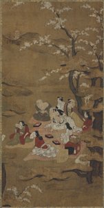 Ein Picknick: acht Personen sitzen unter blühenden Bäumen von Unknown artist