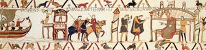 Eine Szene aus dem Teppich von Bayeux, die König Edward zeigt, wie er mit Harold spricht von Unknown artist