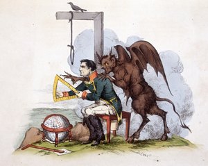 Eine Szene auf der Insel Elba: Napoleon vor einem Galgen mit dem Teufel - in „Napoleon 1., Karikaturen, Dummysammlung“, ca. 1814