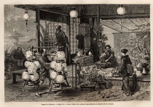 Ein reisender Verkäufer von bemalten Laternen geht an einem Blumenladen in Yedo (oder Edo, dem heutigen Tokio) vorbei, wo eine Frau eine Komposition aus großen Blumen erstellt, während Bonsai-Größe eher eine männliche Kunst ist. Gravur zur Illustration Jap von Unknown artist