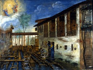 Ein kleines Kind wird von den Paletten einer Wassermühle gerettet von Unknown artist