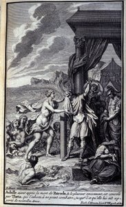 Achilles, der vom Tod des Patroklos gehört hat und bitterlich um ihn weint, wird von Thetis getröstet, die ihn ermahnt, nicht zu kämpfen, bis sie ihm neue Waffen bringt. Illustration für Buch XVIII der Ilias von Homer, französische Ausgabe von Unknown artist