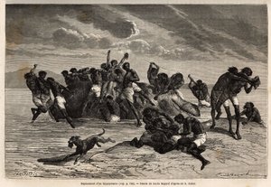 Nachdem sie ihren Anteil und den dem Anführer des Hamran-Stammes zugewiesenen Anteil genommen haben, kämpft die Menge brutal um die verbleibenden Stücke. Gravur zur Illustration der Erforschung der abessinischen Nebenflüsse des Nils, von Sir Samuel W. Bake