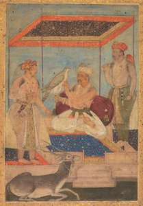 Akbar und Jahangir untersuchen einen Ghir-Falken, während Prinz Khusrau dahinter steht