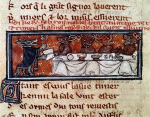 Allegorie über die Gesellschaft des Mittelalters: „Am Tisch des edlen Königs“ (Miniatur aus dem Manuskript „Der Roman von Renart Le Nouvel“ von Jacquemart Gielee)
