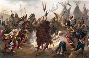 Amerikanisches Indianerritual (Südliche Dakota-Ebenen-Indianer): Sioux-Kriegstanz. Chromolithographie aus „Die menschliche Rasse“ von Ratzel, ca. 1890 von Unknown artist