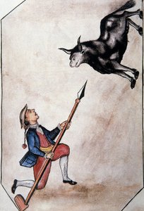 Ein Indianer zeigt mit seinem Speer auf einen Stier, aus dem Buch "Trujillo del Peru" oder "Códice Martínez Compañón", von Baltazar Martinez Compañón y Bujanda, Bischof von Trujillo (1782-1785) von Unknown artist