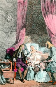 Ein beobachtender Arzt. Eine kranke oder bereits verstorbene Frau ist von ihrer Familie und dem Arzt umgeben. Die Kinder weinen. (Kupferstich um 1780) von Unknown artist