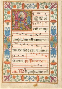 Engel, der ein Instrument in einem verzierten Initial "R" mit Flora, Fauna und Grotesken spielt, aus einem Antiphonar
