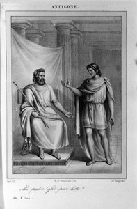 Antigone Akt II, Szene 1. Italienische Tragödie von Vittorio Alfieri, geschrieben 1783 nach der griechischen Mythologie. Gravur des 18. Jahrhunderts