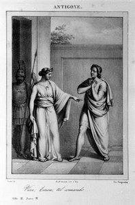 Antigone Akt I, Szene 3. Italienische Tragödie von Vittorio Alfieri, geschrieben 1783 nach der griechischen Mythologie. Gravur des 18. Jahrhunderts.