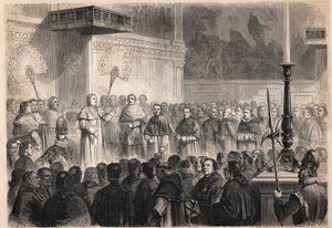 Audienz von Papst Pius IX. (Pio) (1792-1878) für ausländische Geistliche in der Sixtinischen Kapelle (Cappella Sistina) in Rom anlässlich der Feierlichkeiten zur Heiligsprechung der 26 „Märtyrer von Japan“, einer Gruppe von Katholiken, die 1597 in Japan ge von Unknown artist