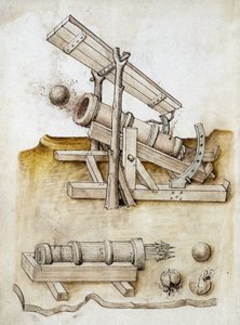 Kugelkanone und Pfeilkanone - Manuskript: Pergamentblatt eines Ingenieurhandbuchs für den Bau ziviler, religiöser und militärischer Gebäude, anonym, spätes 15. Jahrhundert (Figur in chinesischer Tinte)