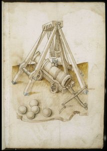 Kugelkanone und Aufzug - Manuskript: Pergamentblatt eines Ingenieurhandbuchs für den Bau ziviler, religiöser und militärischer Gebäude, anonym, spätes 15. Jahrhundert (Figur in chinesischer Tinte) von Unknown artist