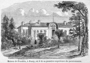 Benjamin Franklins Haus in Passy, wo er seine erste Blitzableiter-Erfahrung machte - Gravur von Unknown artist