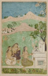 Bhairavi Ragini (eine musikalische Mode): drei Figuren vor einem Schrein von Unknown artist
