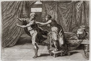 Bibel von Royaumont, Altes Testament: Keuschheit von Joseph. Joseph wird von der Frau von Putiphar (Potiphar) bedrängt und ins Gefängnis geworfen. Illustration von 1811.