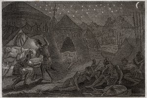 Bibel von Royaumont, Altes Testament: David rettet Saul. David hat Saul in seiner Hand, aber er verletzt ihn nicht. Er nimmt nur den Speer und seinen Becher. Illustration von 1811. von Unknown artist