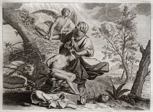 Royaumont-Bibel, Altes Testament: Opferung Abrahams. Ein Engel hält Abrahams Hand vor der Opferung seines Sohnes Isaak. Links steht der Widder, den Abraham stattdessen töten wird. Illustration von 1811