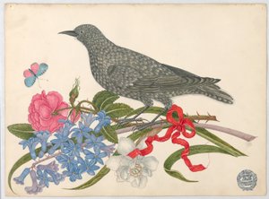 Schwarzer Vogel mit Blüten, Schmetterling und rotem Band von Unknown artist