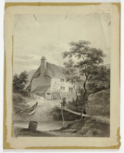 Junge auf einer Brücke vor einem Cottage von Unknown artist
