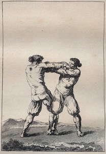 Bretonische Ringer Gravur in „Voyage dans le Finistere ou État de ce département en 1794 et 1795“ von Jacques Cambry (1749-1807)