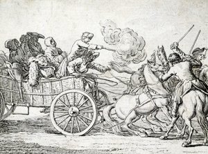 Räuber greifen Passagiere auf einem Wagen an. Gravur eines anonymen Künstlers des 18. Jahrhunderts von Unknown artist