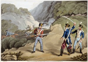 Britischer Soldat erobert zwei französische Offiziere in der Schlacht der Pyrenäen - in „Historische, Militärische und Marine-Anekdoten...“ von Edward Orne. von Unknown artist