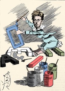 Karikatur, die den Dichter Arthur Rimbaud (1854-1891) darstellt, wie er Buchstaben des Alphabets mit Farbe bedeckt. Gravur aus „Men of Today“ von Unknown artist
