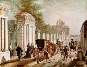 Katharina II. oder Katharina Alexejewna (1729-1782) verlässt den Peterhof-Palast vor ihrer Krönung zur Kaiserin im Jahr 1762