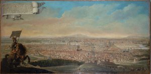 Vogelperspektive von Paris, mit dem Reiterporträt von Chevalier des Essarts, circa 1645