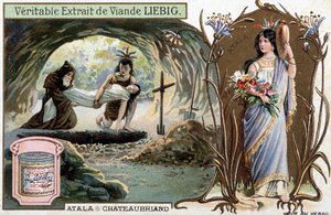 Chactas und Pater Aubry begraben Atala und Porträt der Heldin - Szene aus Atala oder Die Liebe zweier Wilden in der Wüste, von François René de Chateaubriand (1768-1848) - Liebig Chromolithographie von Unknown artist